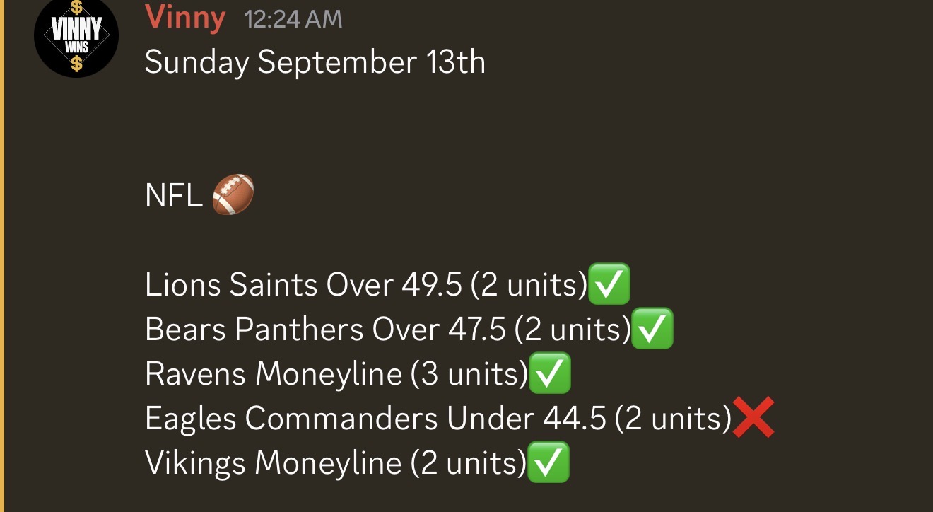 VinnyWins results from September 13