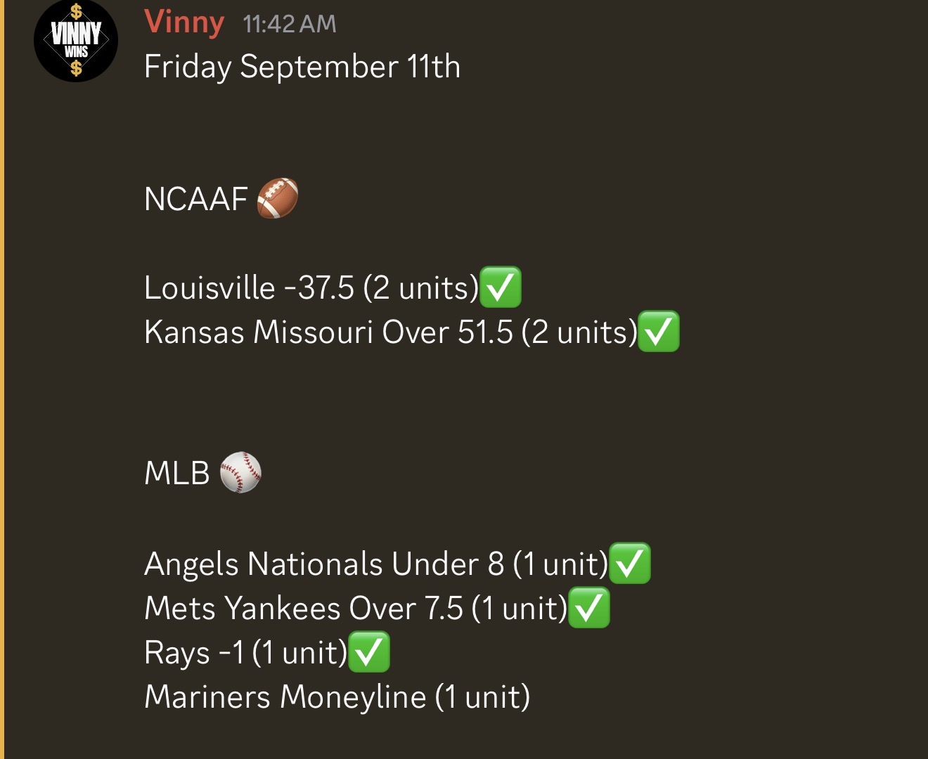 VinnyWins results from September 11